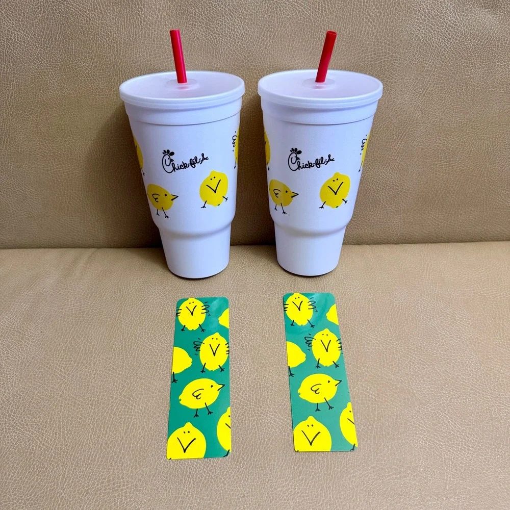Chick-fil-A Lemon Chicks Cup Set of 2 White Plastic Tumblers with Lids & Straws